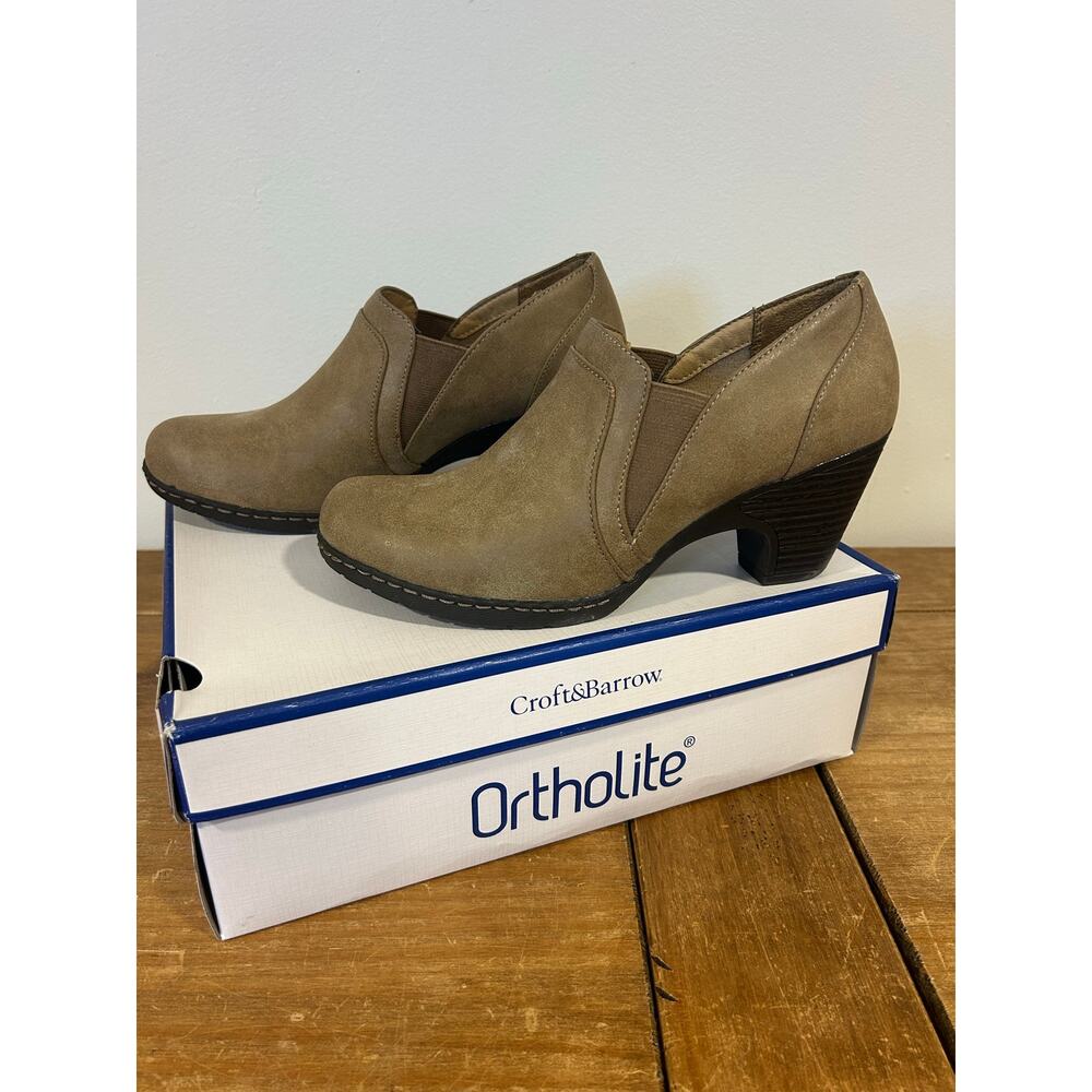 Taupe Women Ortholite Ankle Bootie 2” Heel Sz 8 Round Toe Casual Comfort Office